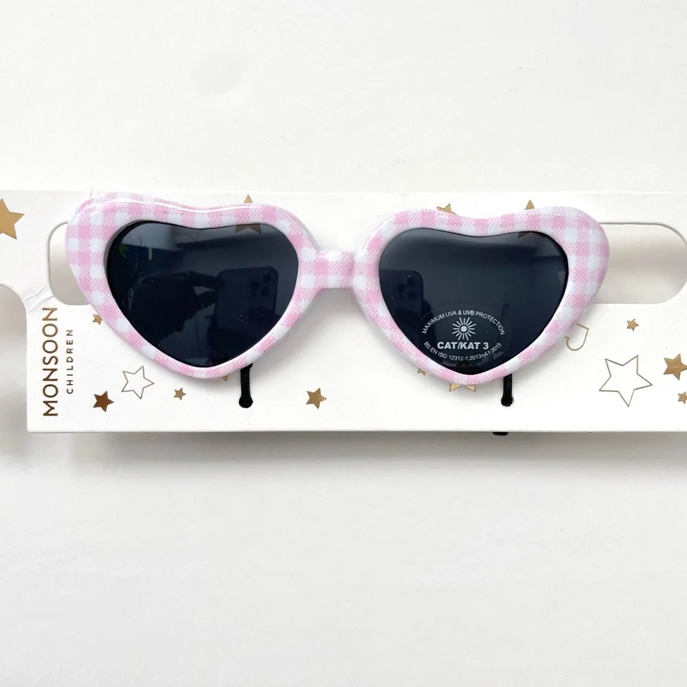 Girls Heart Shape Sunglasses with Pink White Checker Pattern - Ado…